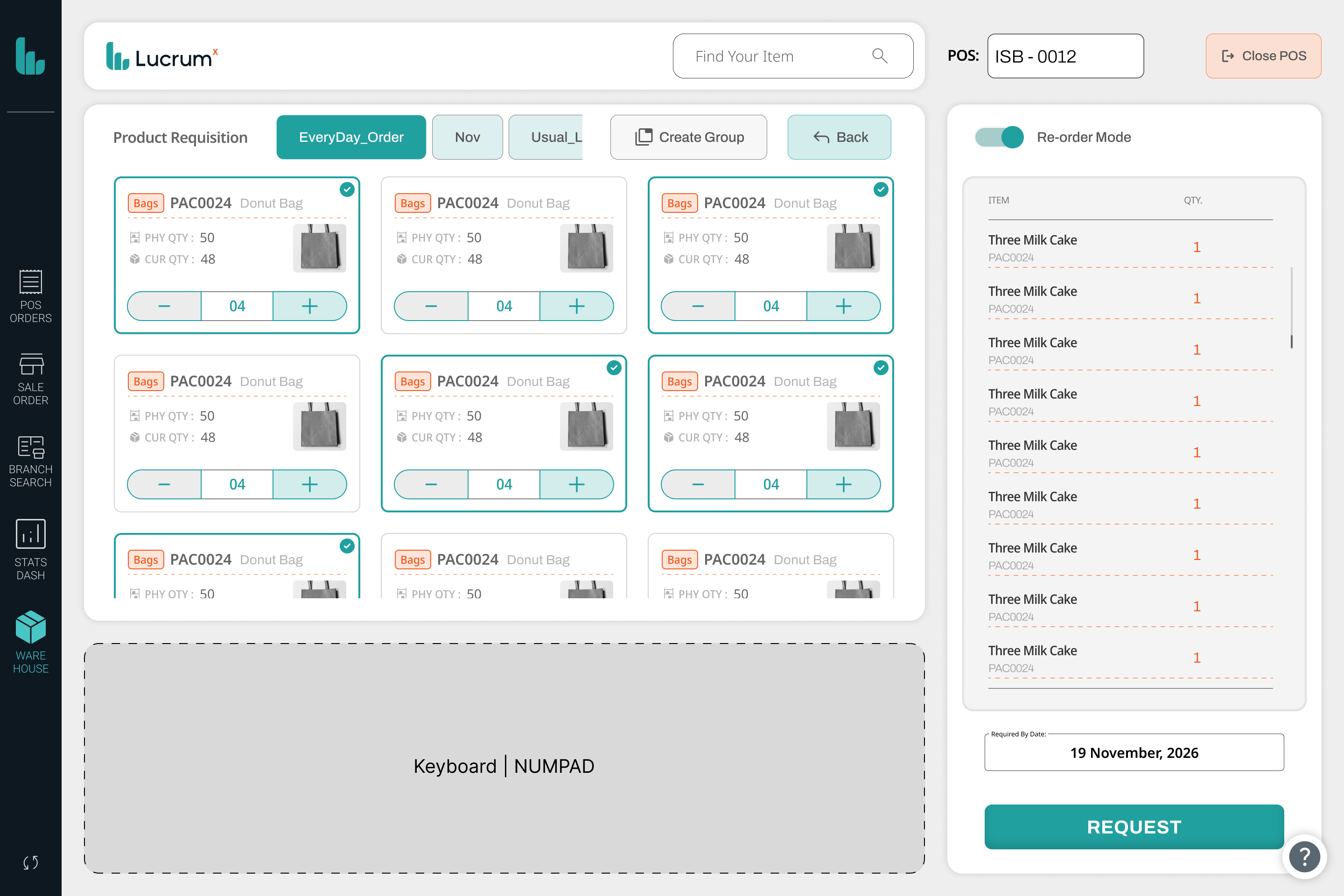 Lucrum POS product requisition with the EveryDay Order saved group active, multi-selected stock cards showing physical and current quantities with quantity steppers, a request list, a required-by date and re-order mode enabled